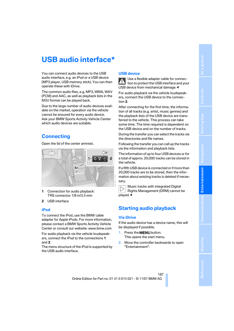 Usb audio interface, Connecting, Starting audio playback | BMW X6 xDrive50i 2008 User Manual | Page 189 / 288