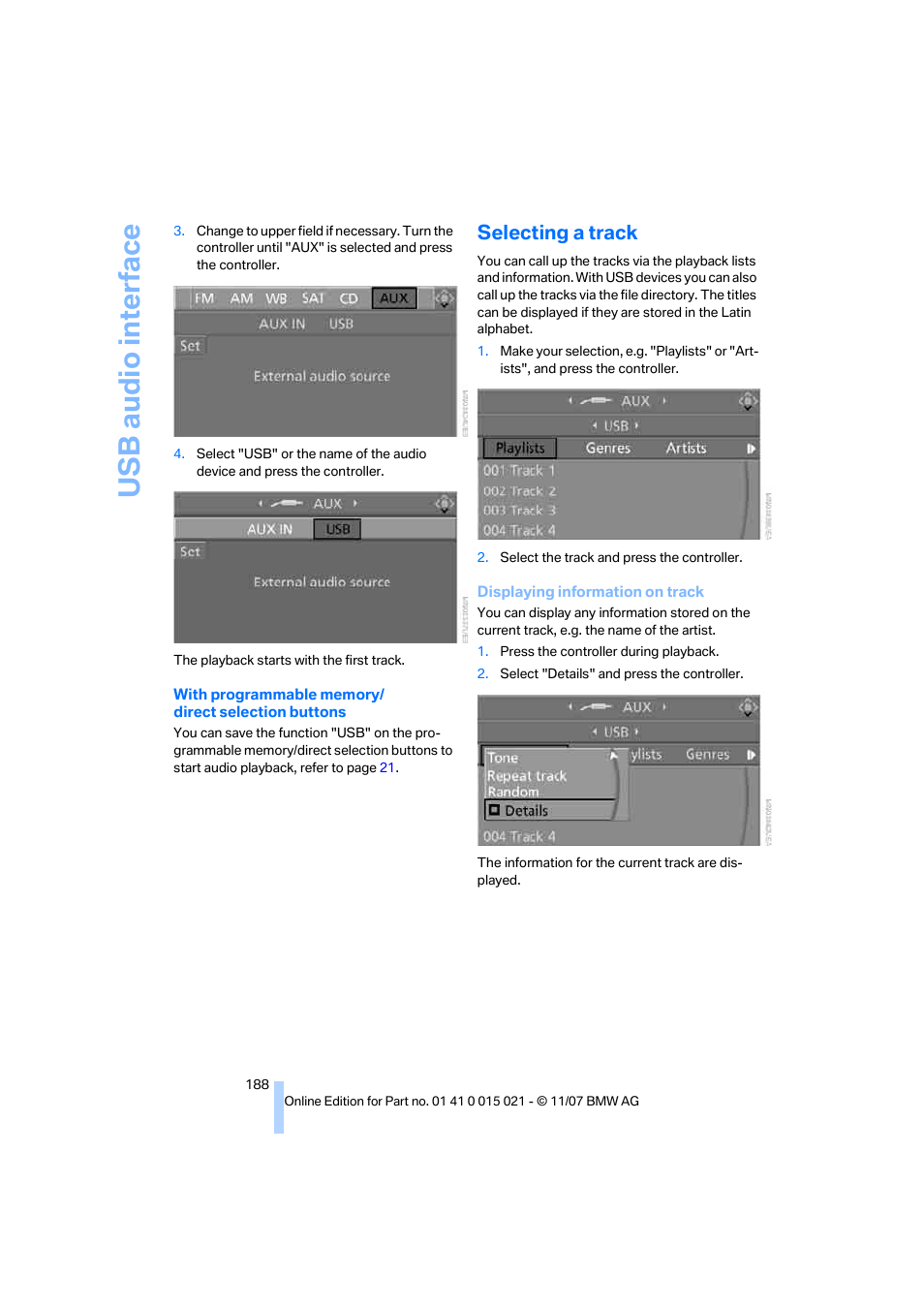 Selecting a track, Usb audio interf ace | BMW X6 xDrive50i 2008 User Manual | Page 190 / 288