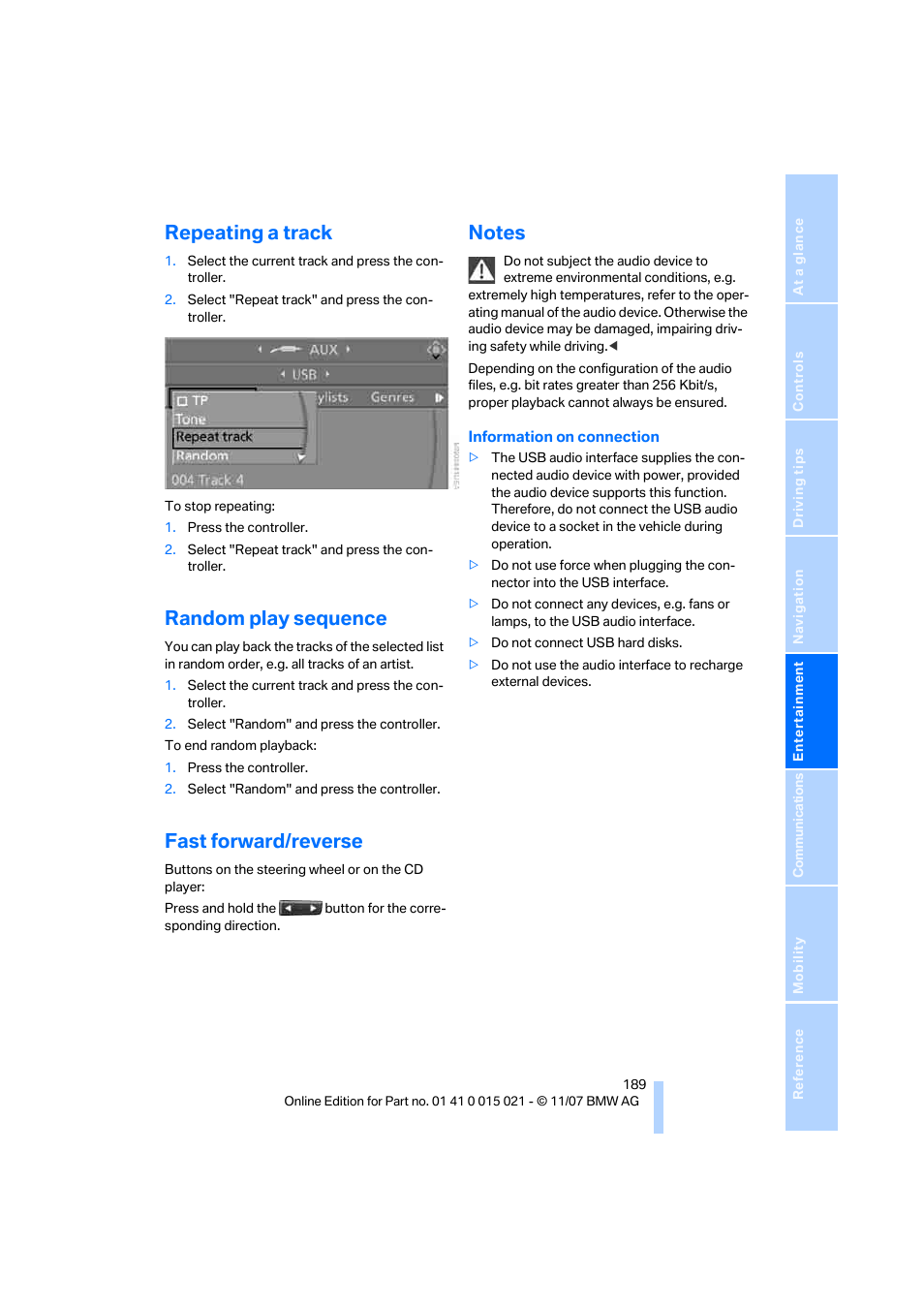 Repeating a track, Random play sequence, Fast forward/reverse | Notes | BMW X6 xDrive50i 2008 User Manual | Page 191 / 288