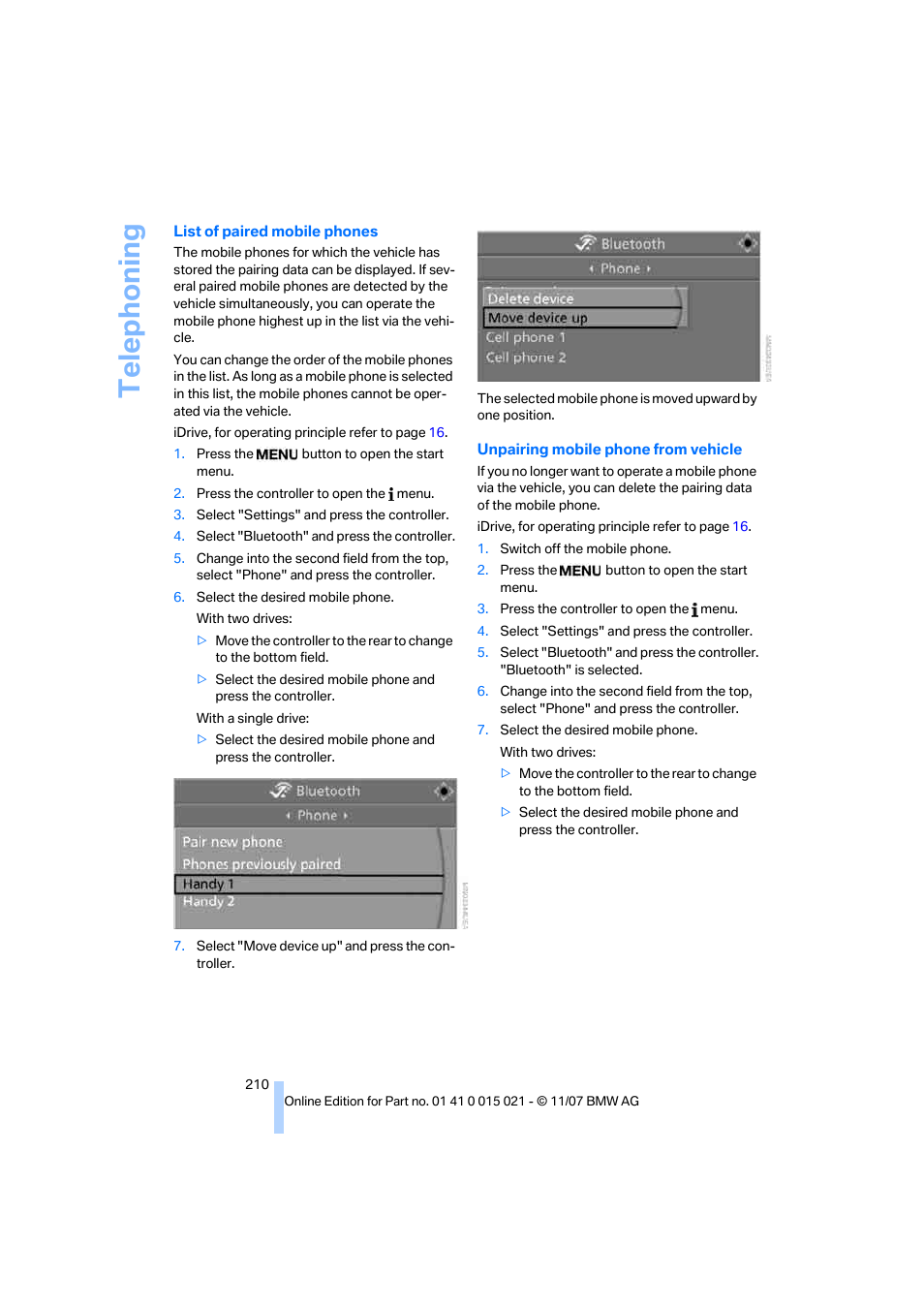 Telep h oning | BMW X6 xDrive50i 2008 User Manual | Page 212 / 288