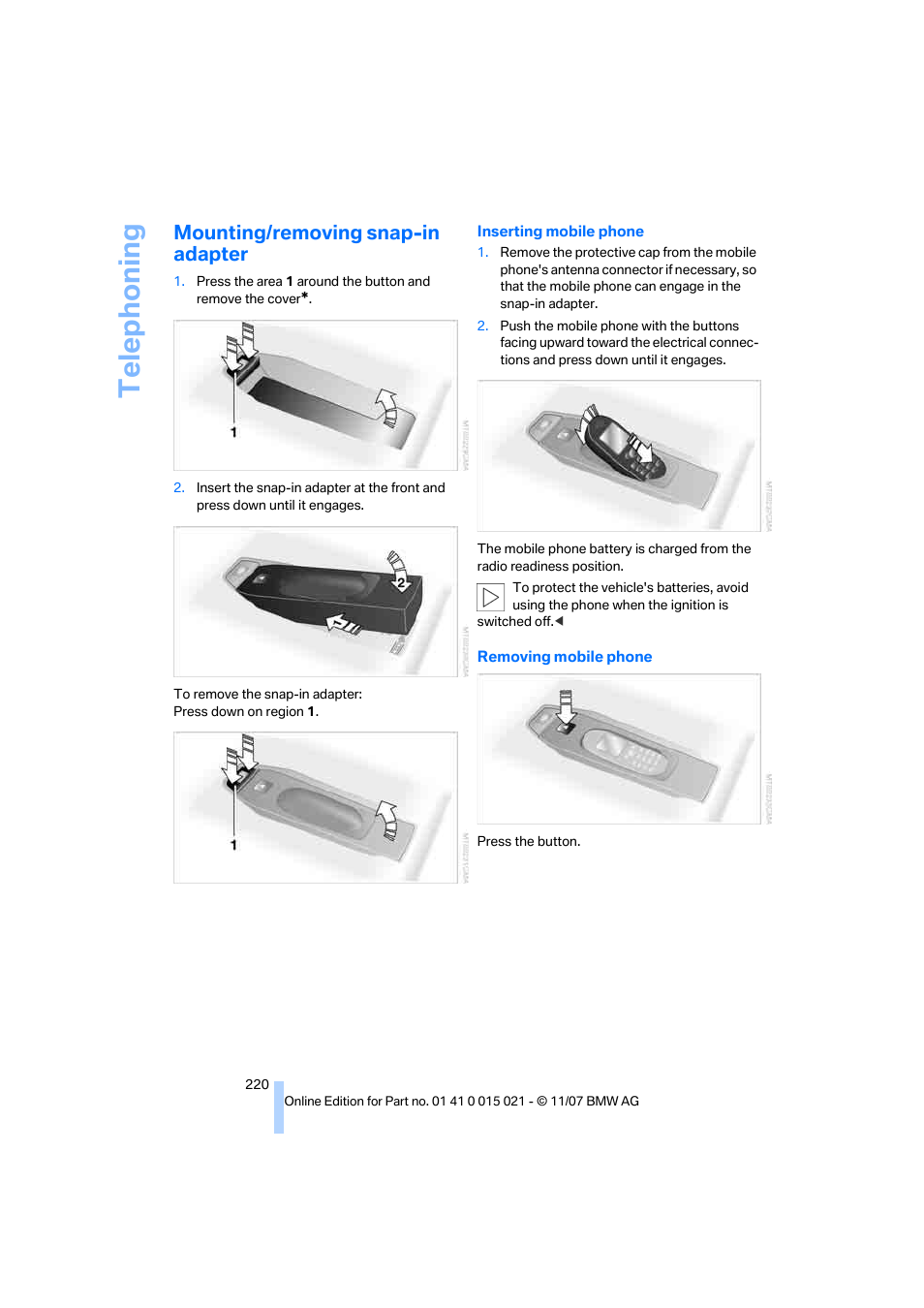 Mounting/removing snap-in adapter, Telep h oning | BMW X6 xDrive50i 2008 User Manual | Page 222 / 288