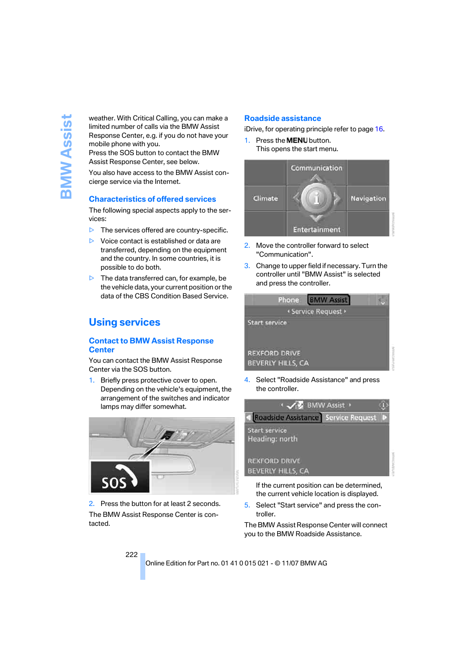 Using services, Bmw assis t | BMW X6 xDrive50i 2008 User Manual | Page 224 / 288