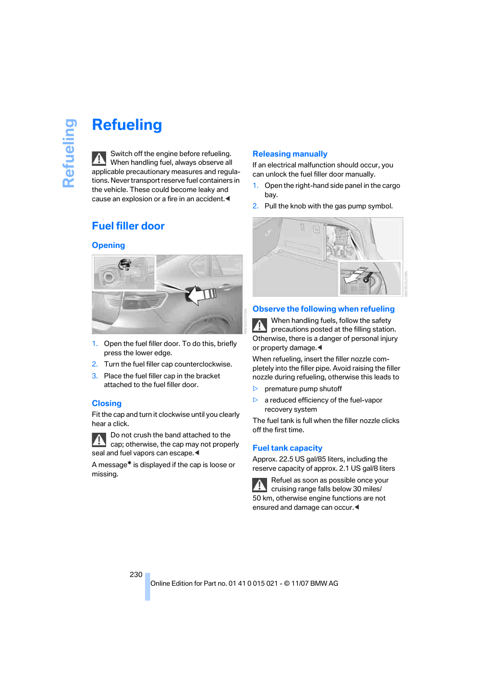 Refueling, Fuel filler door, Lity | Re fueling | BMW X6 xDrive50i 2008 User Manual | Page 232 / 288