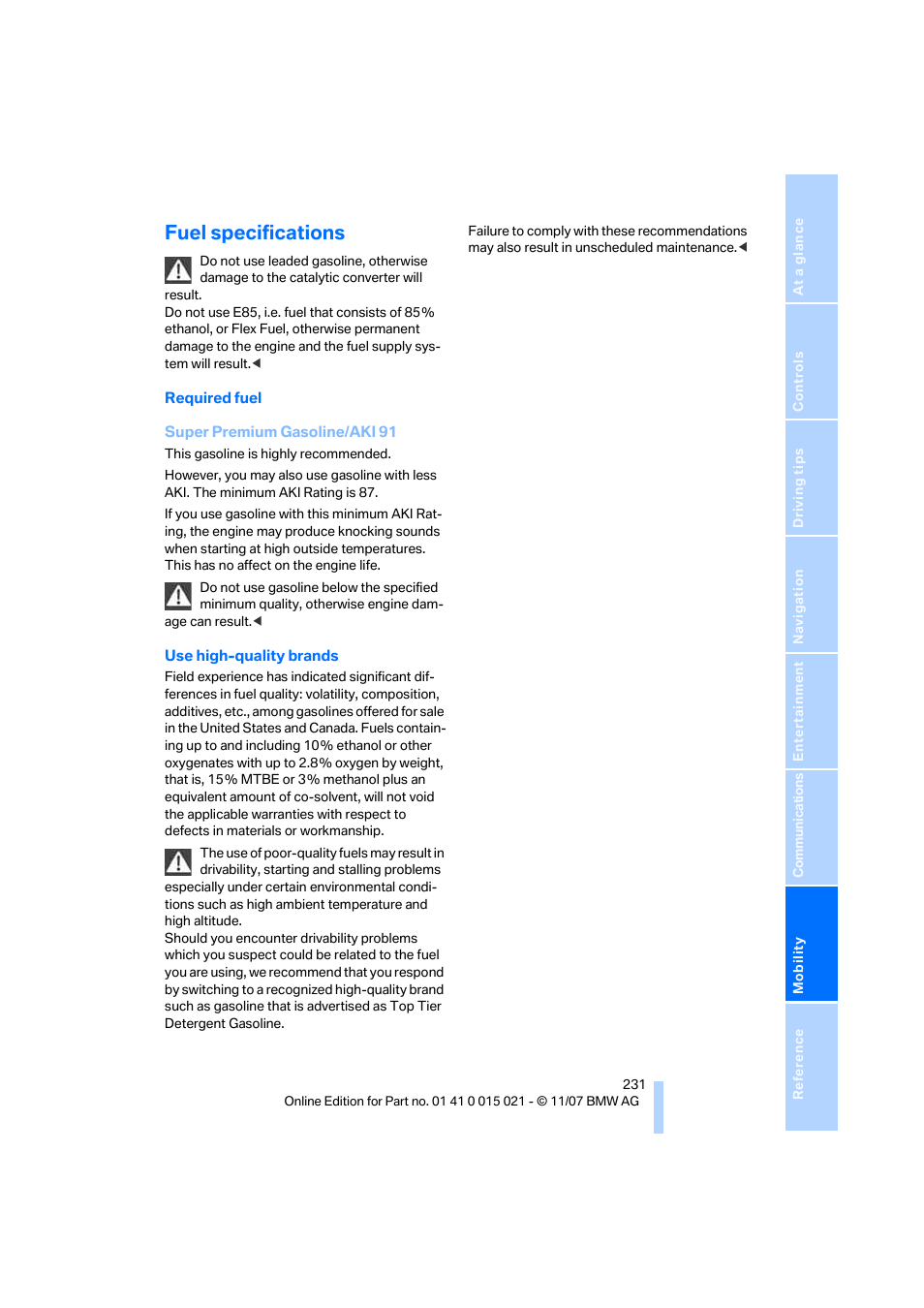 Fuel specifications | BMW X6 xDrive50i 2008 User Manual | Page 233 / 288