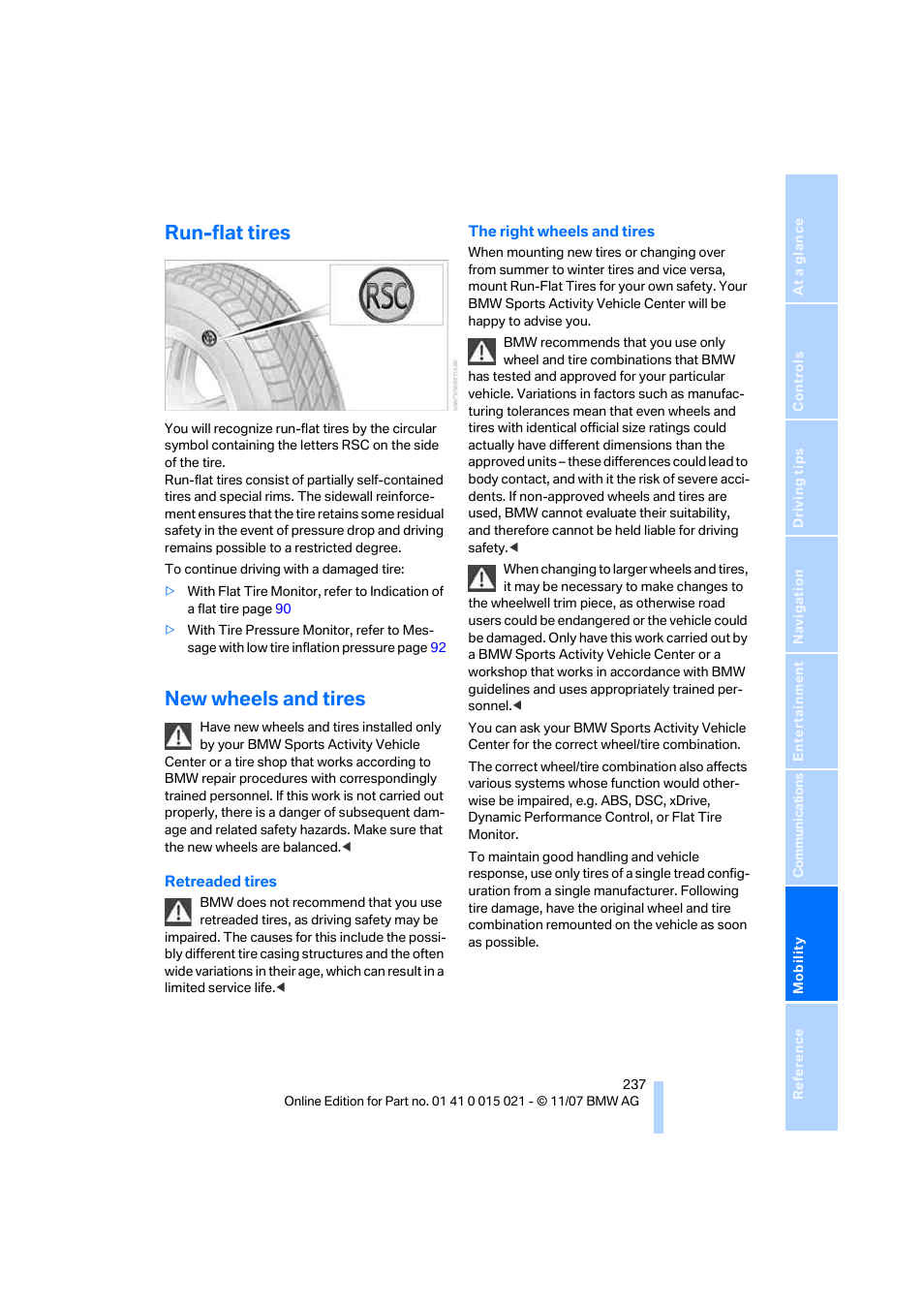 Run-flat tires, New wheels and tires | BMW X6 xDrive50i 2008 User Manual | Page 239 / 288