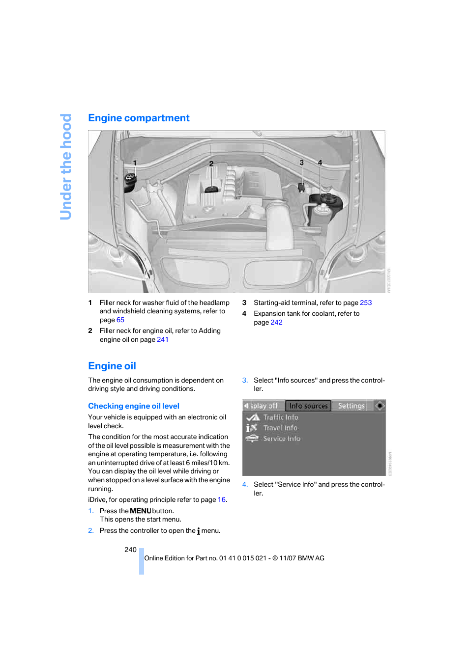 Engine compartment, Engine oil | BMW X6 xDrive50i 2008 User Manual | Page 242 / 288