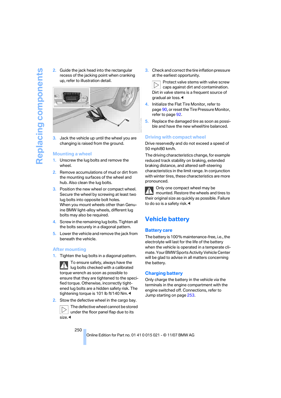 Vehicle battery, Replacing components | BMW X6 xDrive50i 2008 User Manual | Page 252 / 288