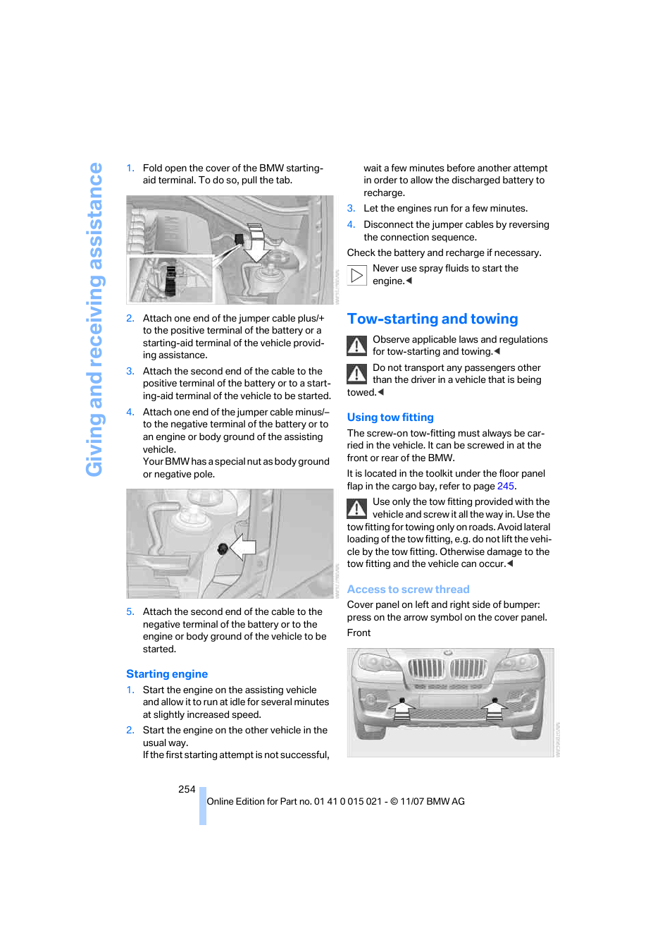 Tow-starting and towing, Giving and receiv ing as sistance | BMW X6 xDrive50i 2008 User Manual | Page 256 / 288