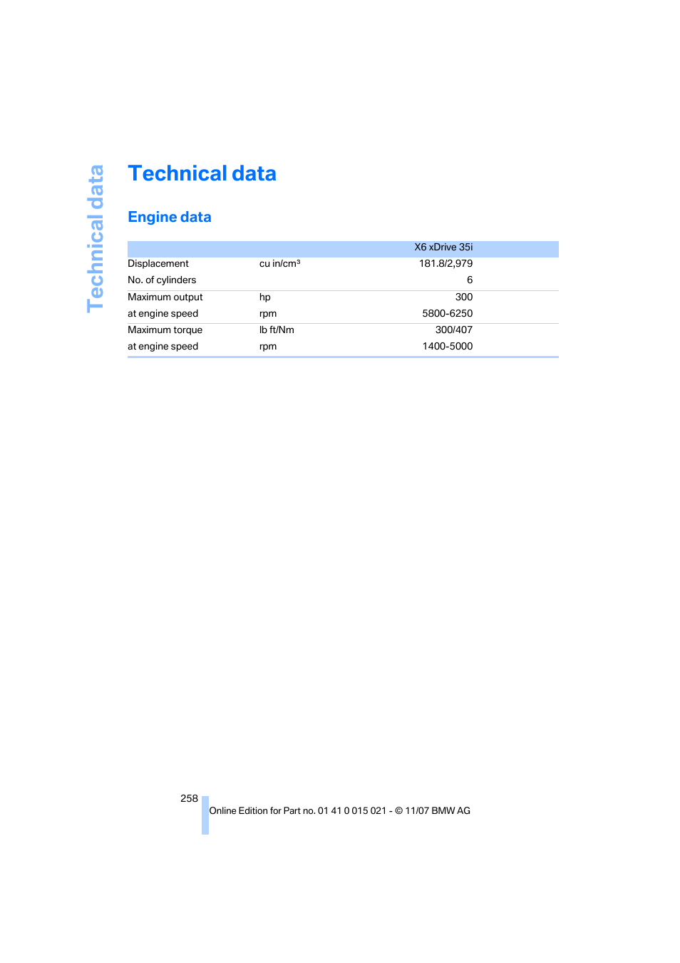 Technical data, Engine data | BMW X6 xDrive50i 2008 User Manual | Page 260 / 288