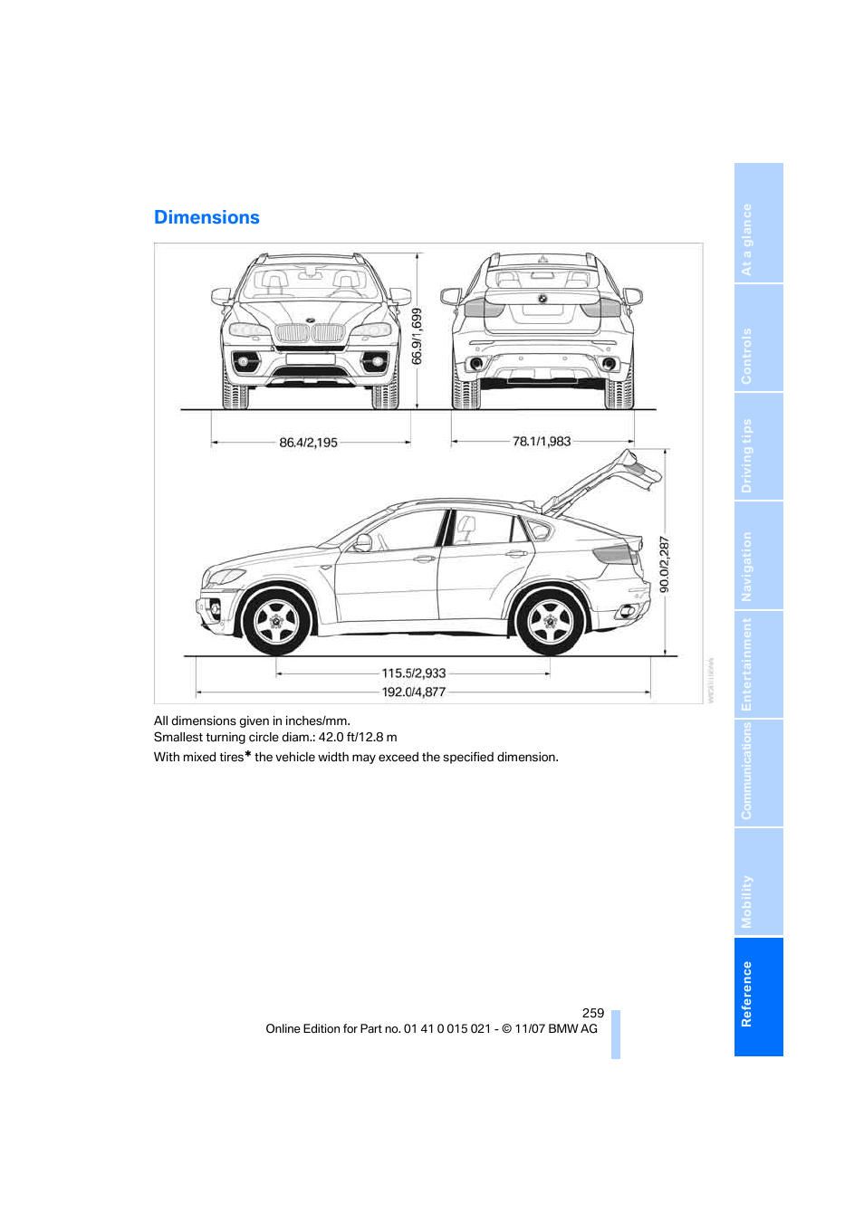 Dimensions | BMW X6 xDrive50i 2008 User Manual | Page 261 / 288