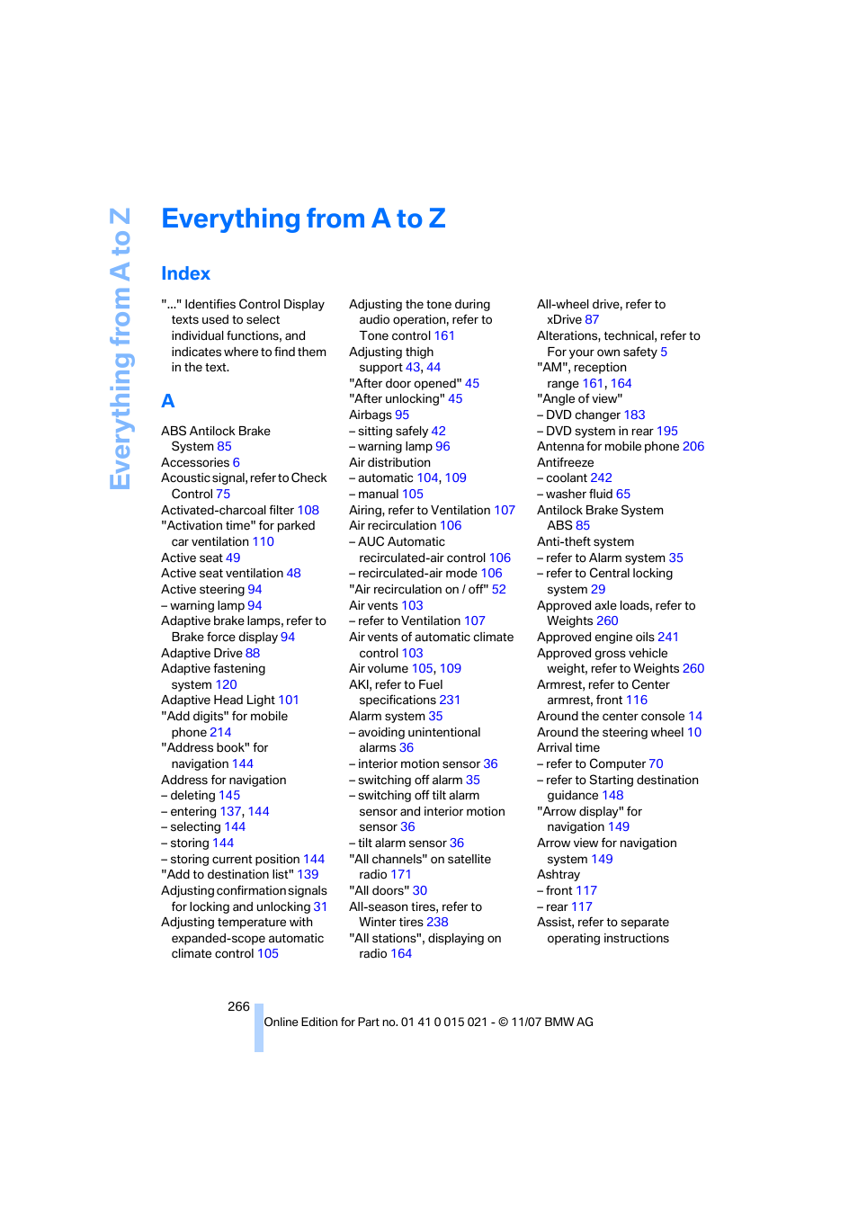 Everything from a to z, Index | BMW X6 xDrive50i 2008 User Manual | Page 268 / 288
