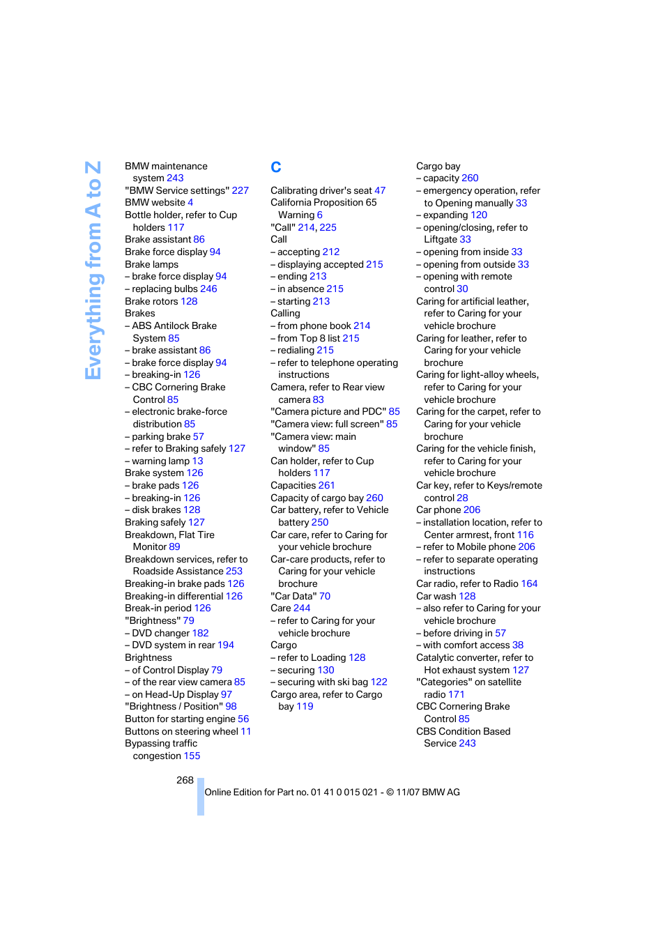 Everything from a to z | BMW X6 xDrive50i 2008 User Manual | Page 270 / 288