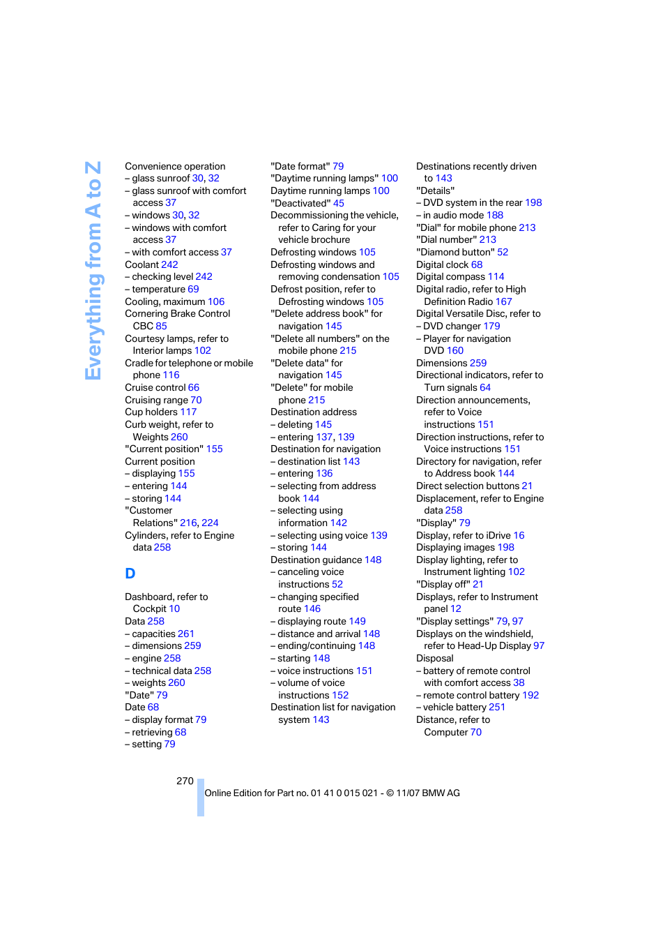 Everything from a to z | BMW X6 xDrive50i 2008 User Manual | Page 272 / 288