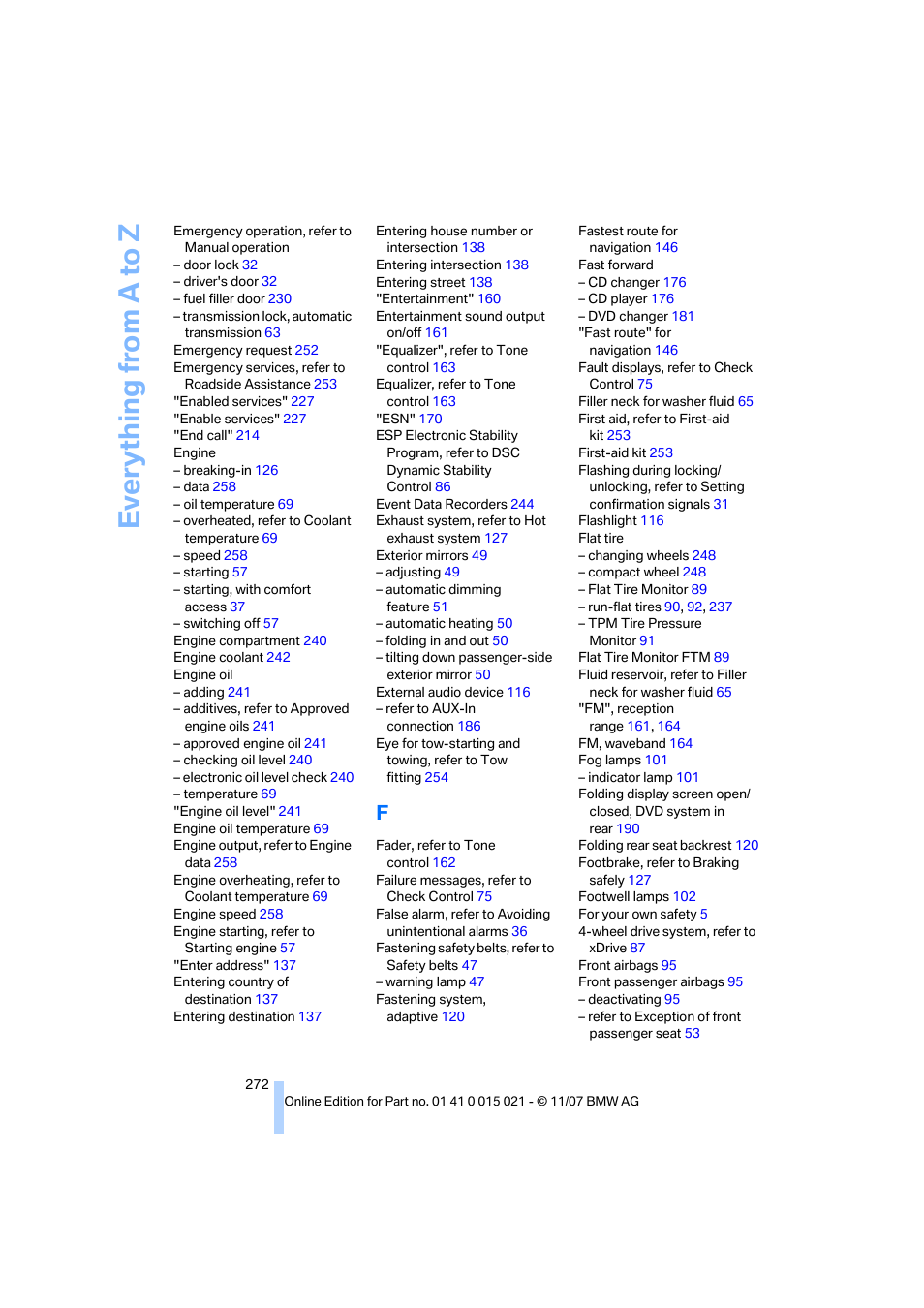 Everything from a to z | BMW X6 xDrive50i 2008 User Manual | Page 274 / 288