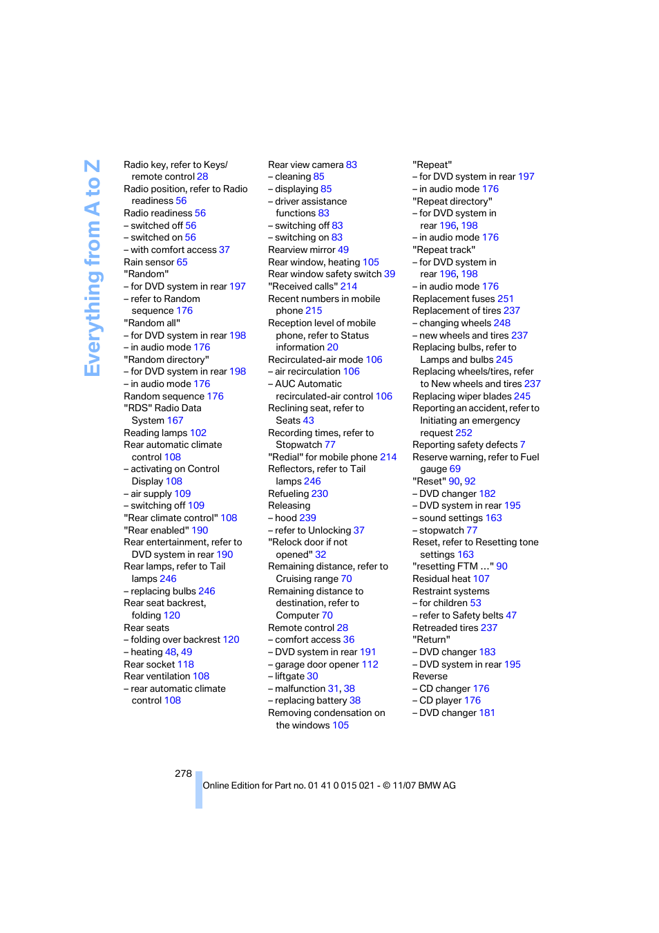 Everything from a to z | BMW X6 xDrive50i 2008 User Manual | Page 280 / 288