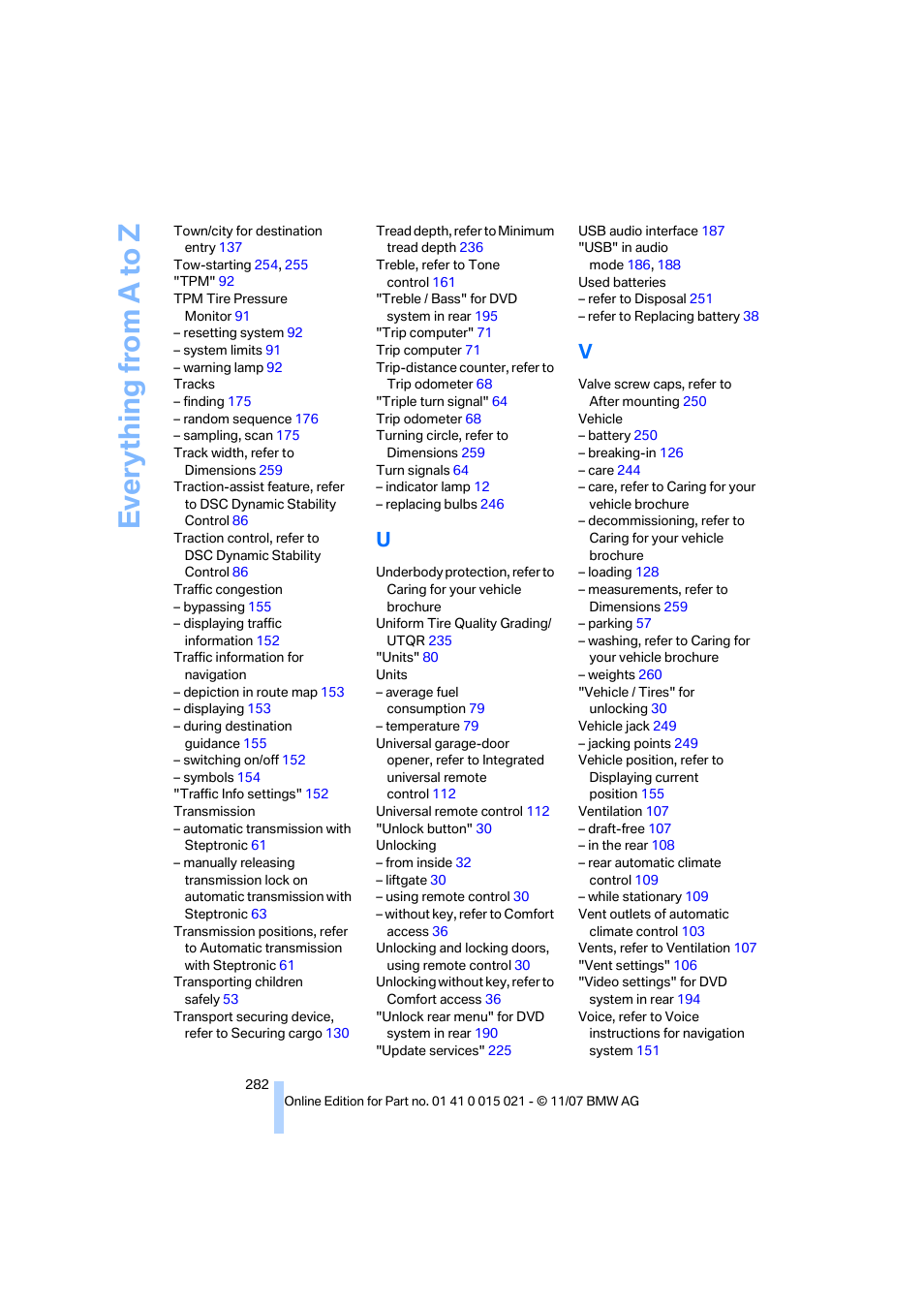 Everything from a to z | BMW X6 xDrive50i 2008 User Manual | Page 284 / 288