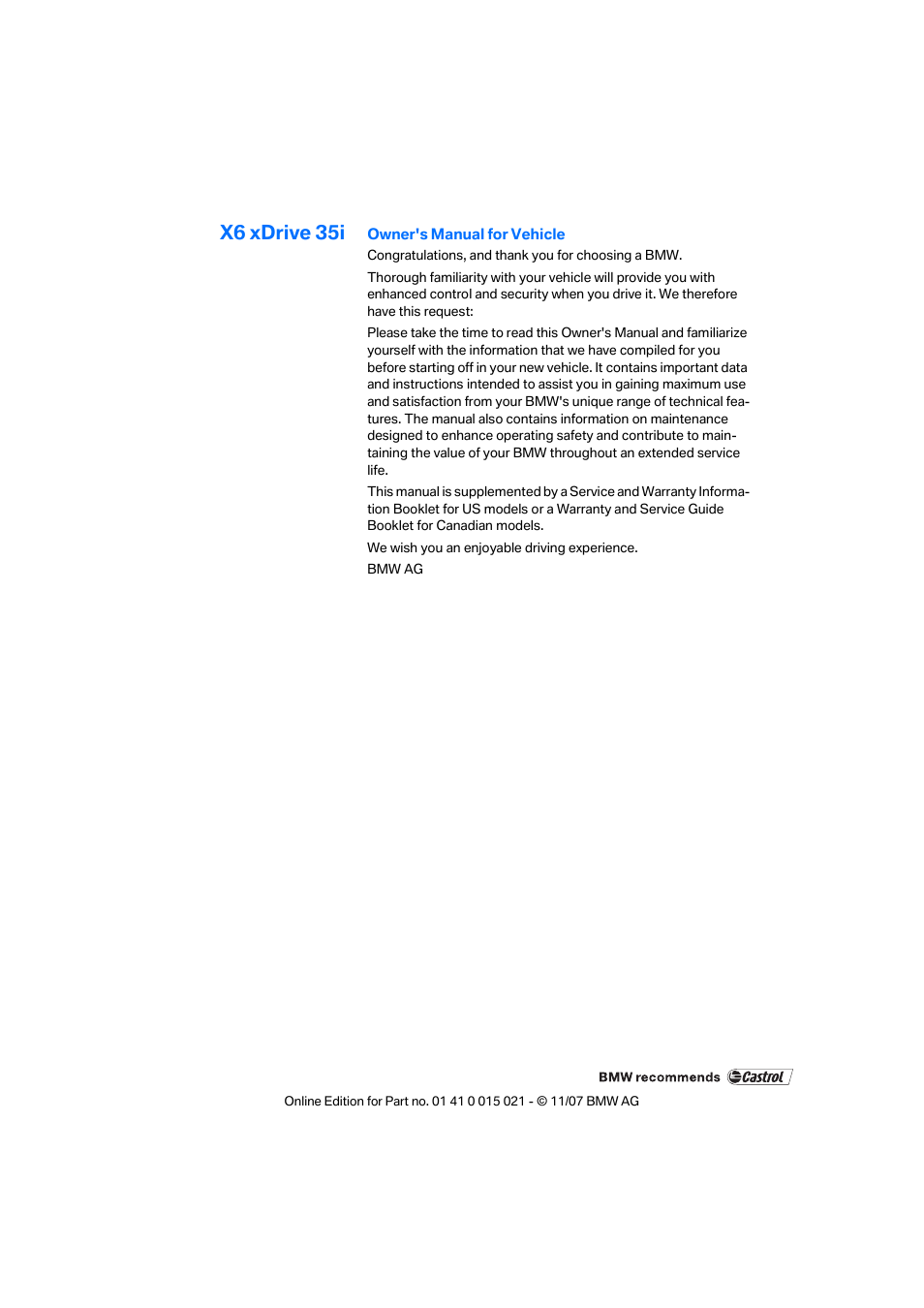 X6 xdrive 35i | BMW X6 xDrive50i 2008 User Manual | Page 3 / 288
