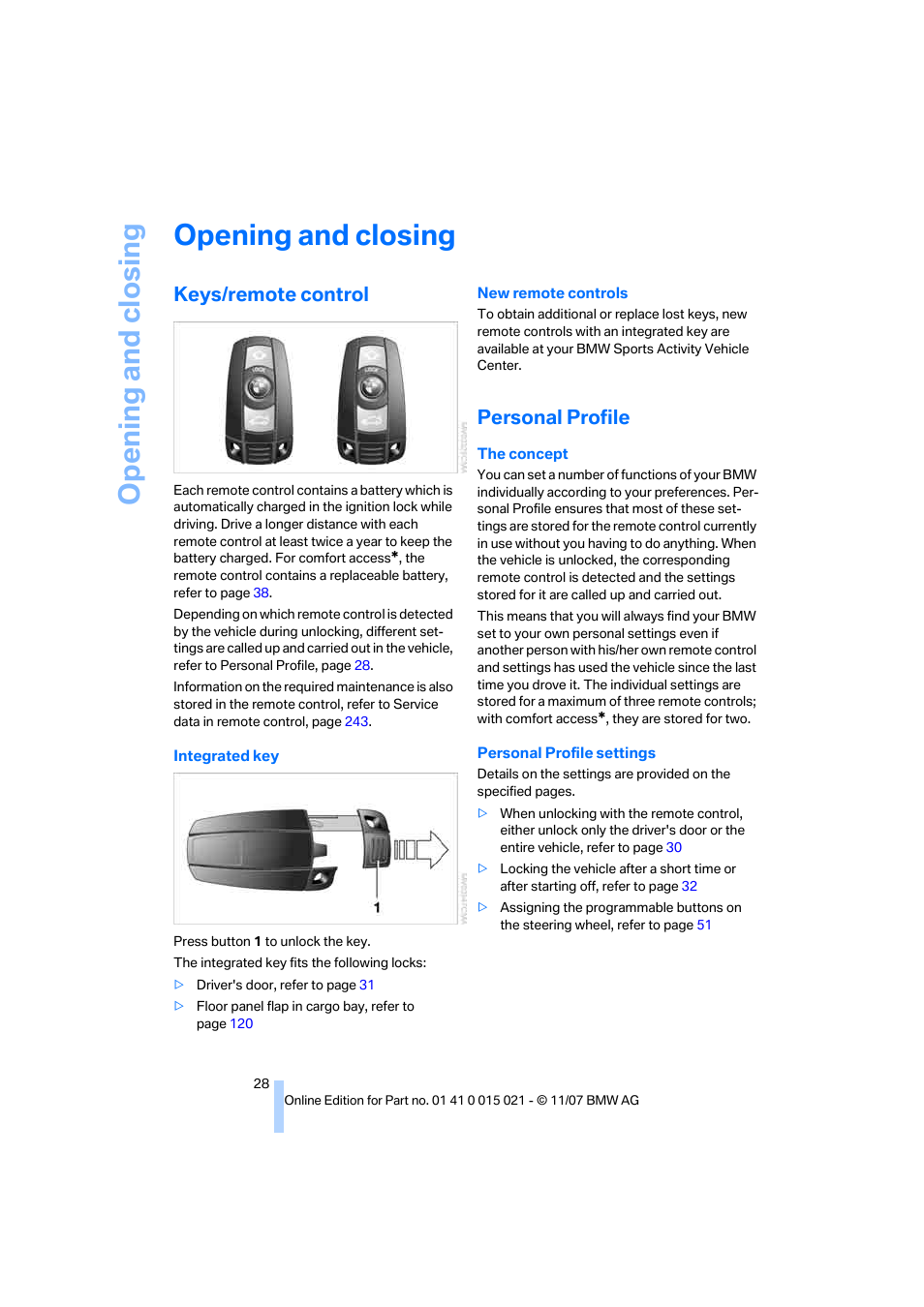 Opening and closing, Keys/remote control, Personal profile | BMW X6 xDrive50i 2008 User Manual | Page 30 / 288