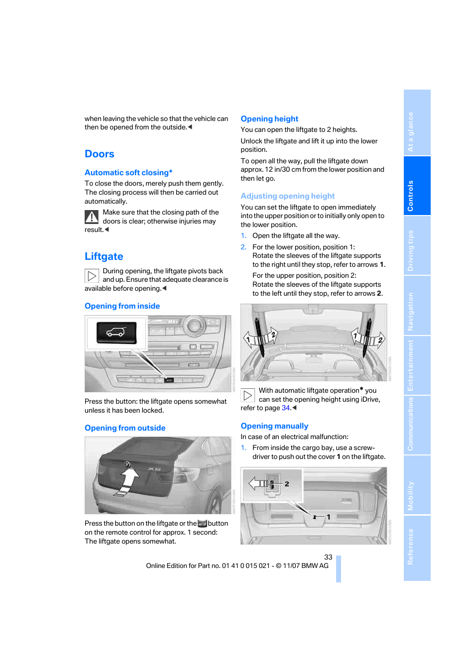 Doors, Liftgate | BMW X6 xDrive50i 2008 User Manual | Page 35 / 288