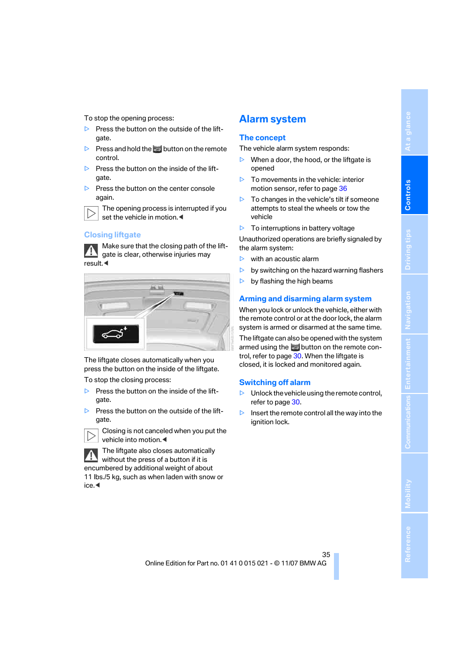 Alarm system | BMW X6 xDrive50i 2008 User Manual | Page 37 / 288