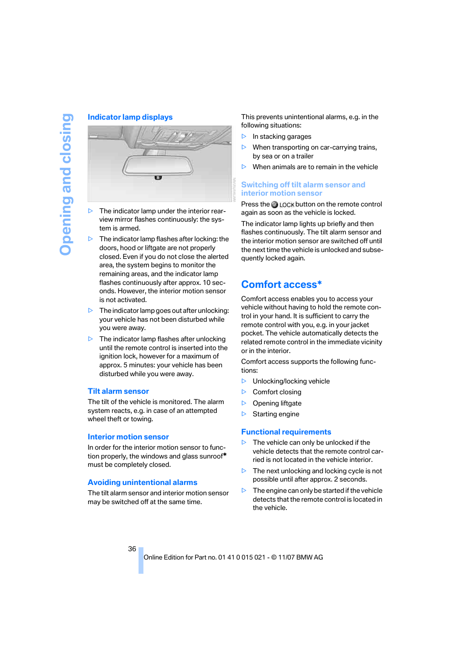 Comfort access, Opening and closing | BMW X6 xDrive50i 2008 User Manual | Page 38 / 288