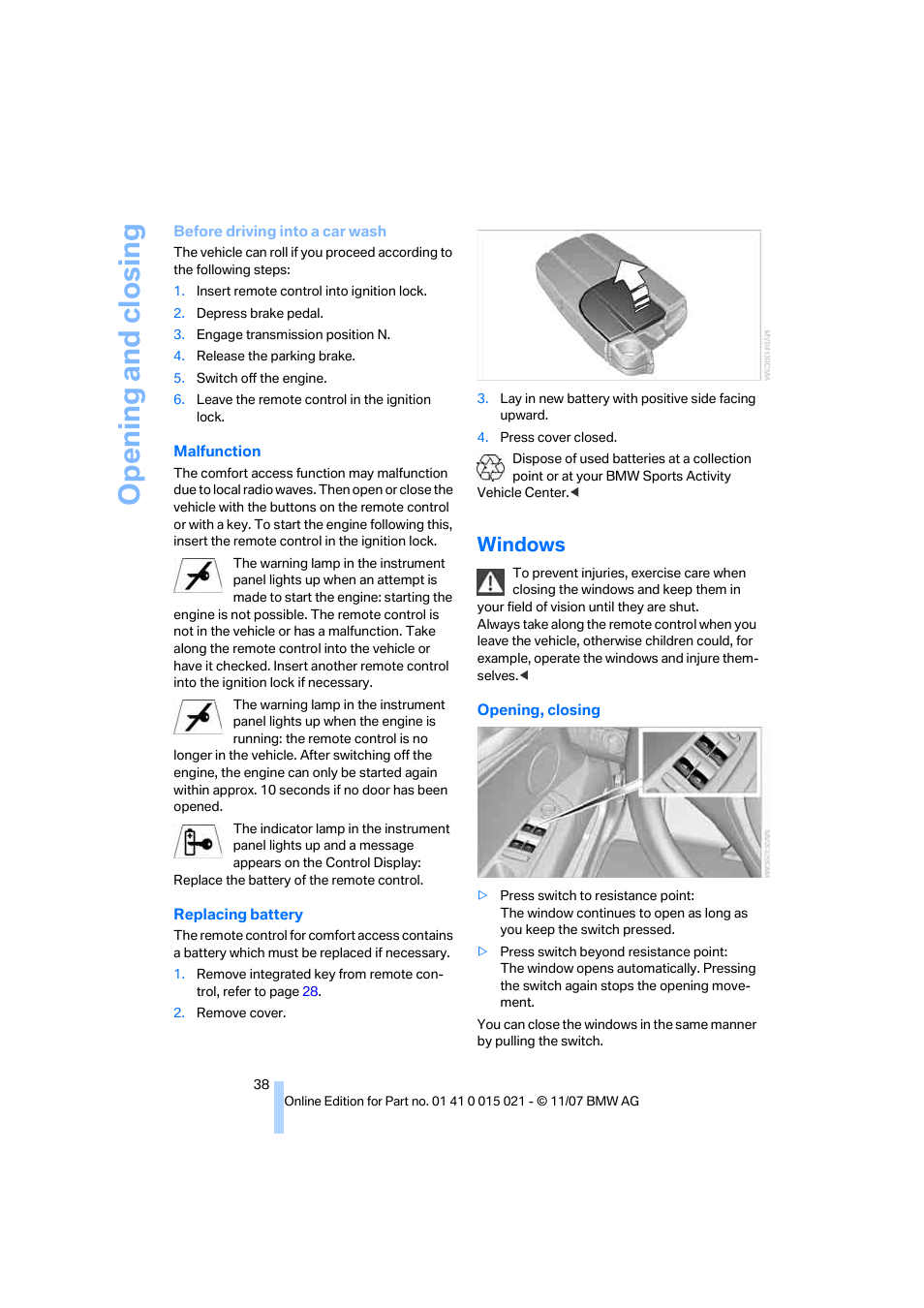 Windows, Opening and closing | BMW X6 xDrive50i 2008 User Manual | Page 40 / 288