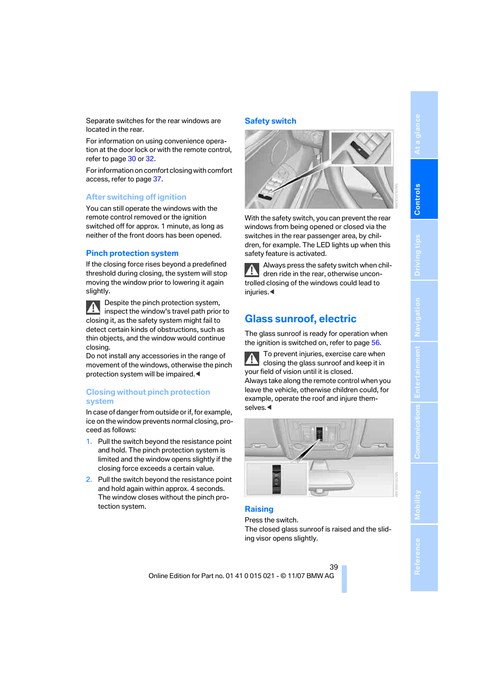 Glass sunroof, electric | BMW X6 xDrive50i 2008 User Manual | Page 41 / 288