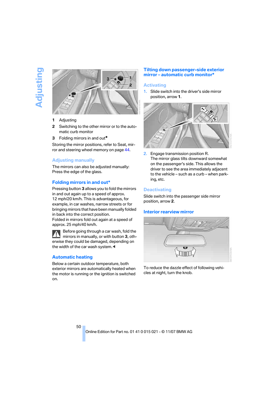 Adju sting | BMW X6 xDrive50i 2008 User Manual | Page 52 / 288