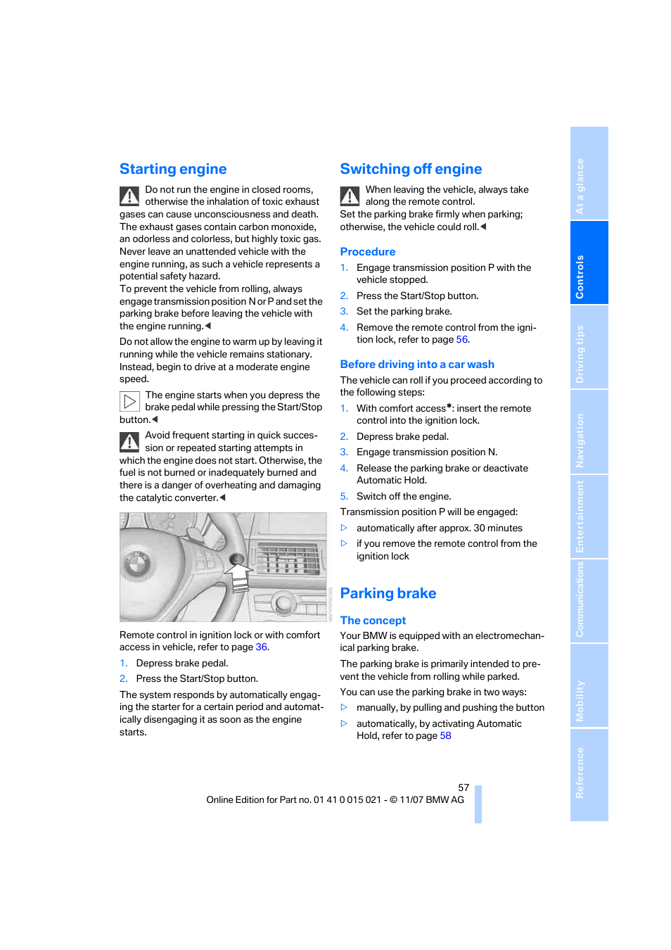 Starting engine, Switching off engine, Parking brake | BMW X6 xDrive50i 2008 User Manual | Page 59 / 288