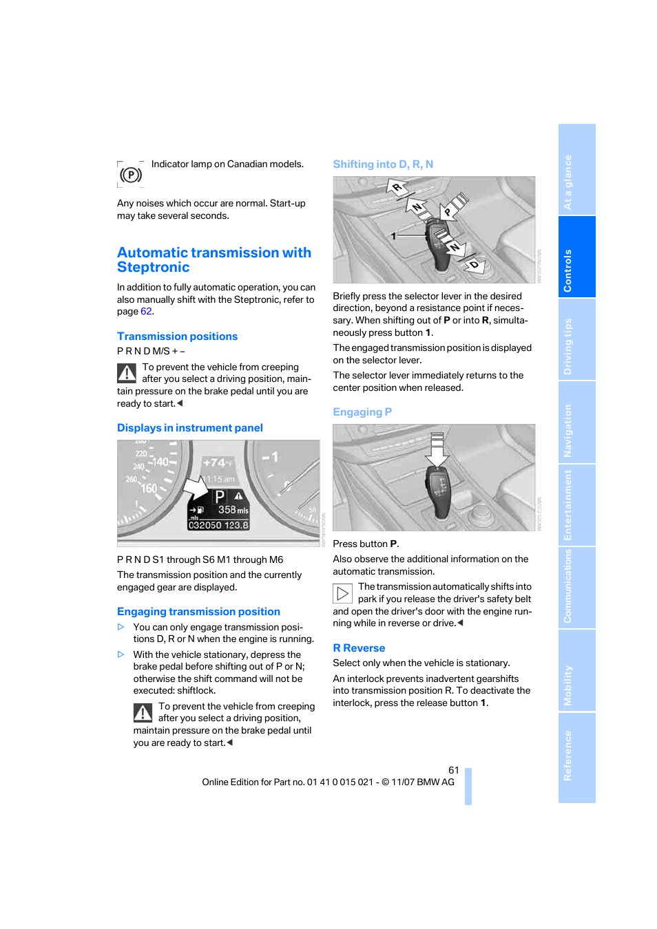 Automatic transmission with steptronic | BMW X6 xDrive50i 2008 User Manual | Page 63 / 288