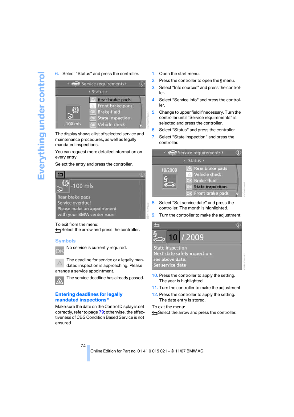 Eve ryth ing un de r co nt rol | BMW X6 xDrive50i 2008 User Manual | Page 76 / 288