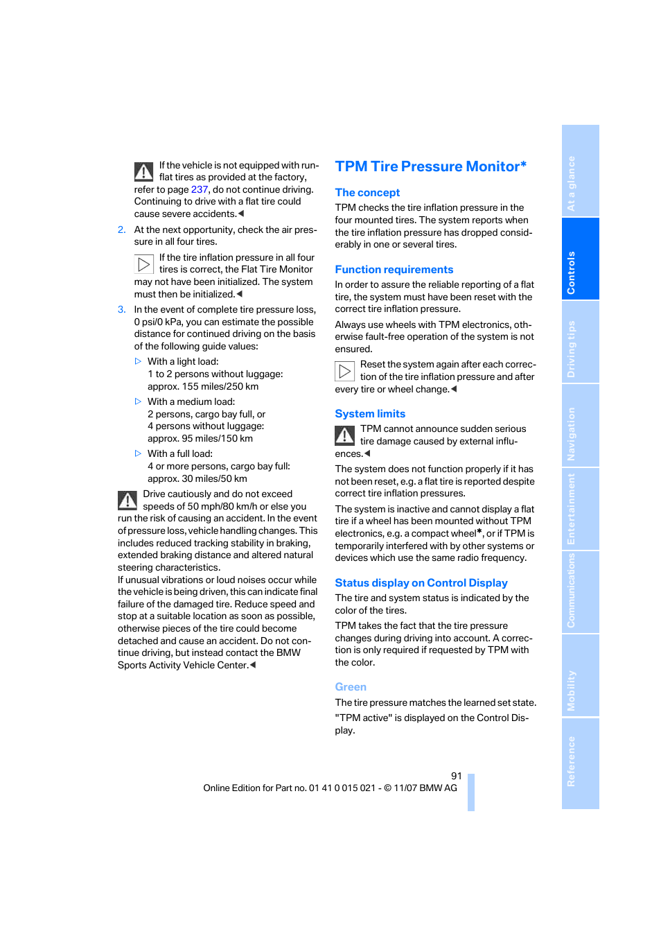 Tpm tire pressure monitor | BMW X6 xDrive50i 2008 User Manual | Page 93 / 288