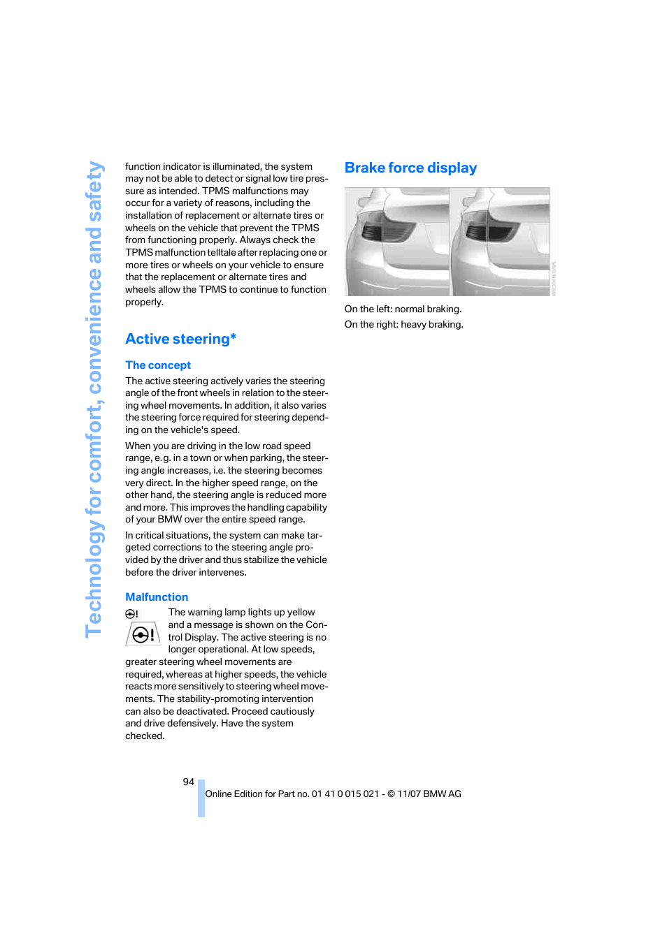 Active steering, Brake force display | BMW X6 xDrive50i 2008 User Manual | Page 96 / 288