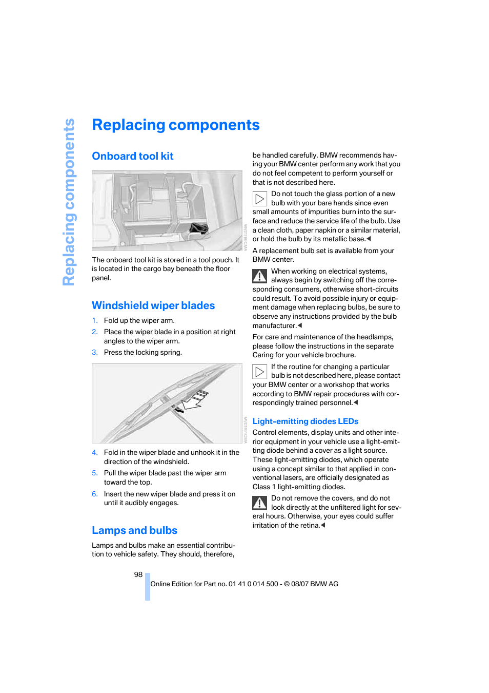 Replacing components, Onboard tool kit, Windshield wiper blades | Lamps and bulbs | BMW Z4 Roadster 3.0si 2008 User Manual | Page 100 / 132