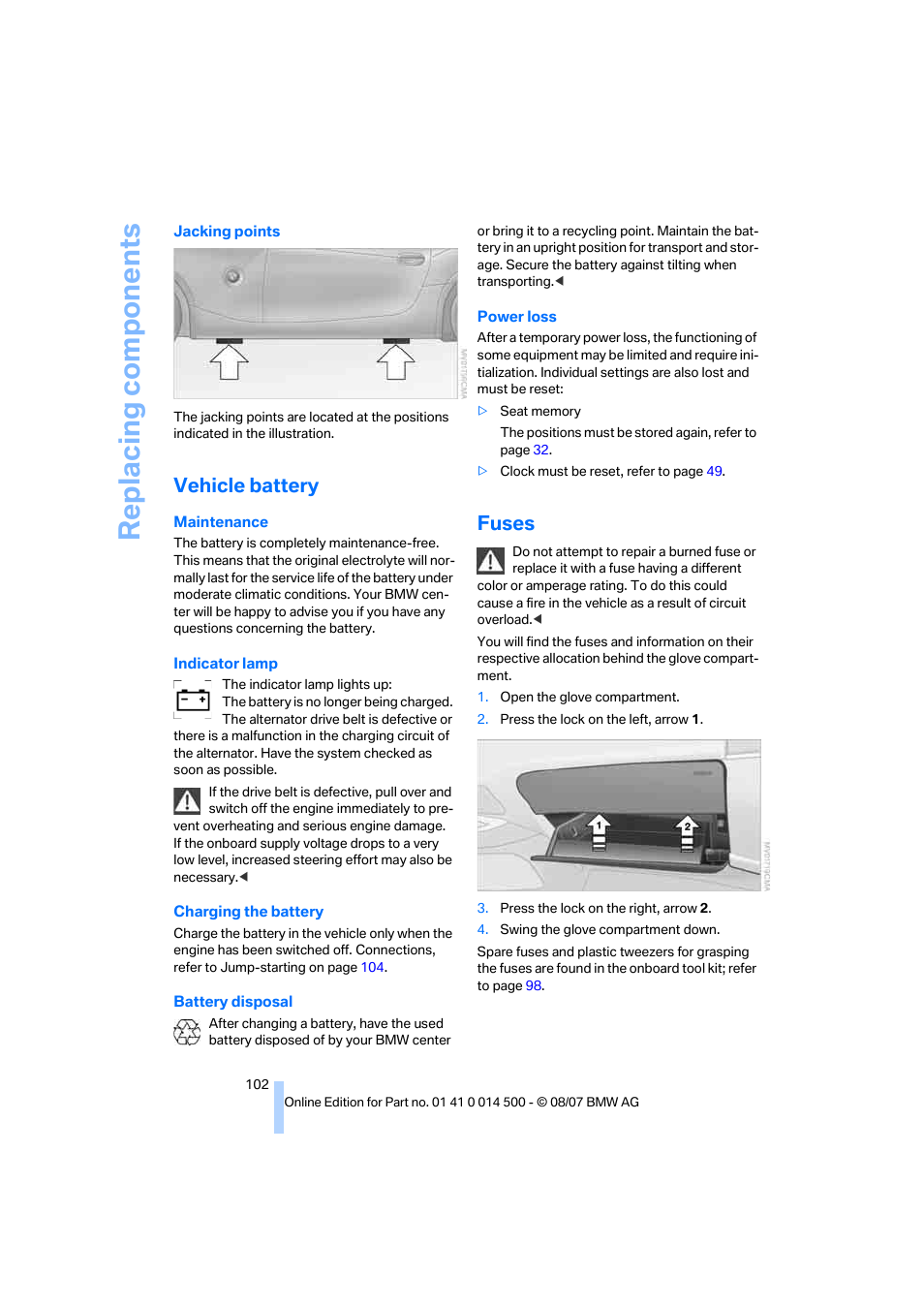 Vehicle battery, Fuses, Replacing components | BMW Z4 Roadster 3.0si 2008 User Manual | Page 104 / 132