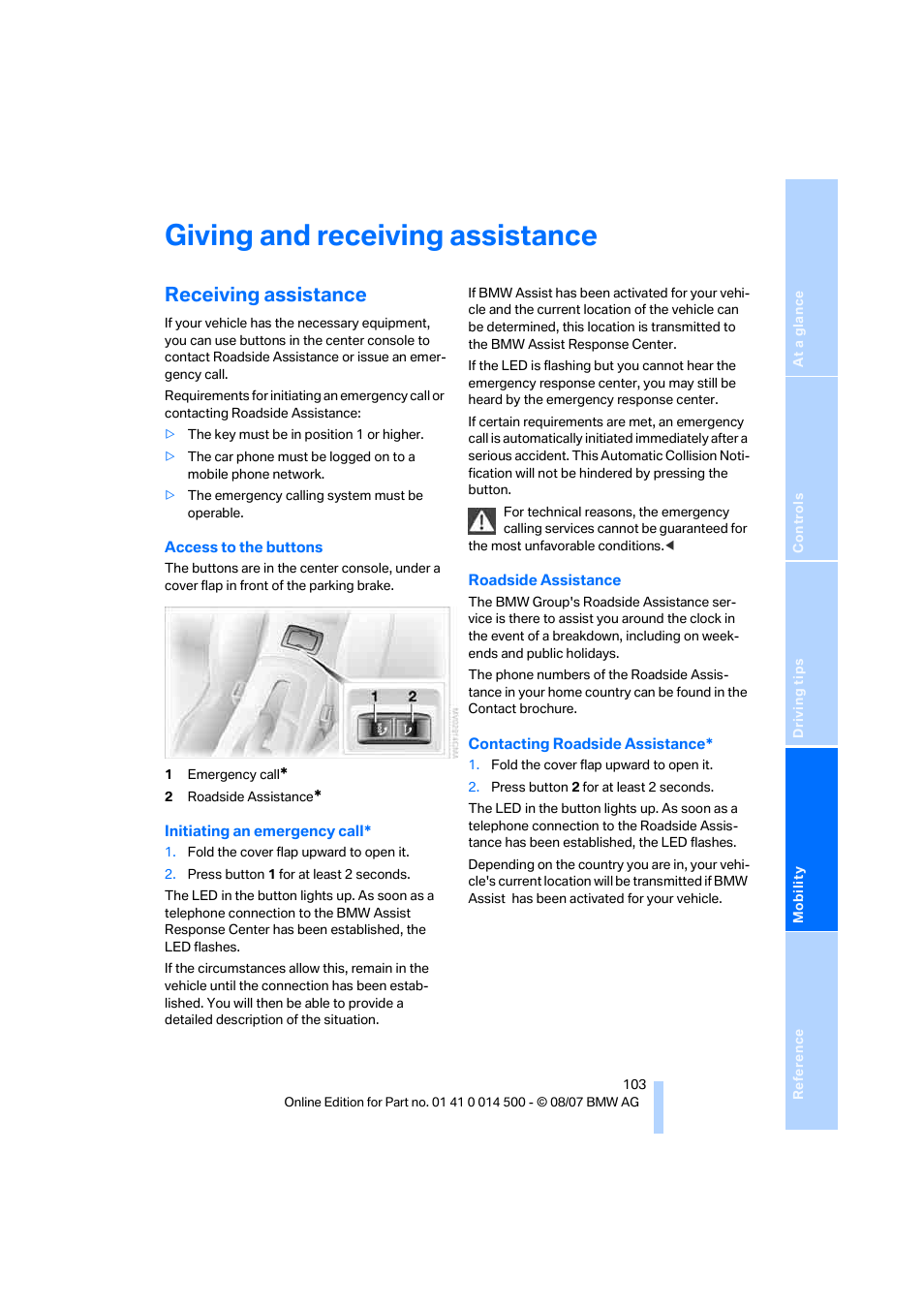 Giving and receiving assistance, Receiving assistance | BMW Z4 Roadster 3.0si 2008 User Manual | Page 105 / 132