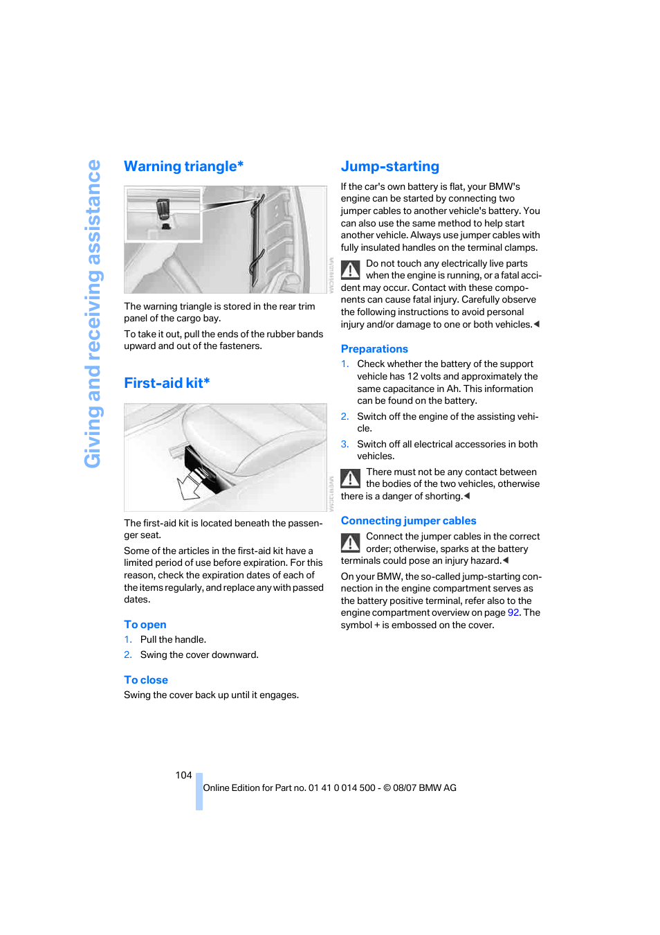 Warning triangle, First-aid kit, Jump-starting | Giving and receiv ing as sistance | BMW Z4 Roadster 3.0si 2008 User Manual | Page 106 / 132