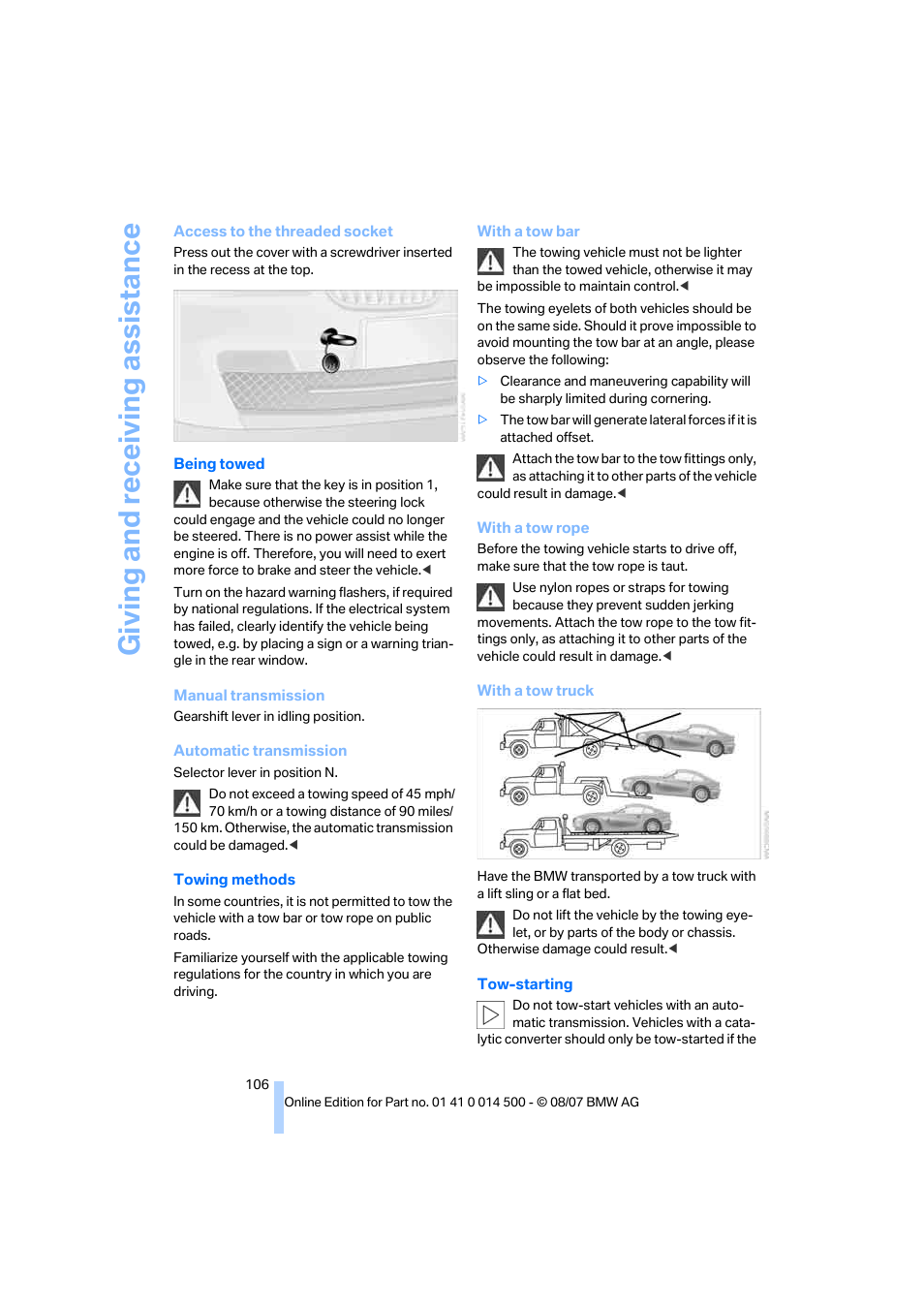 Giving and receiv ing as sistance | BMW Z4 Roadster 3.0si 2008 User Manual | Page 108 / 132