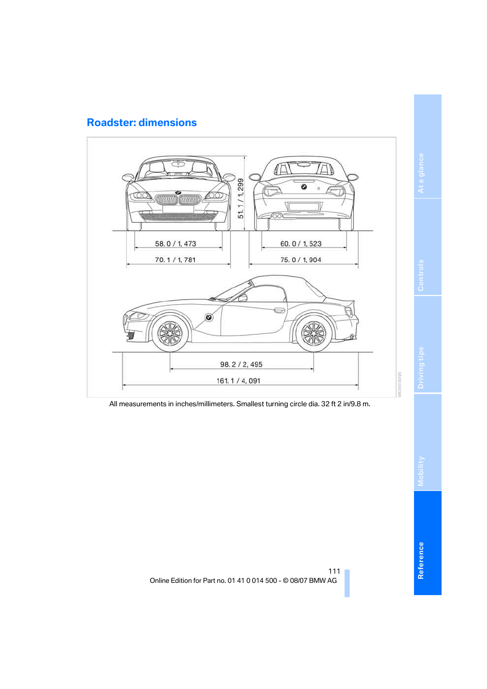 Roadster: dimensions | BMW Z4 Roadster 3.0si 2008 User Manual | Page 113 / 132