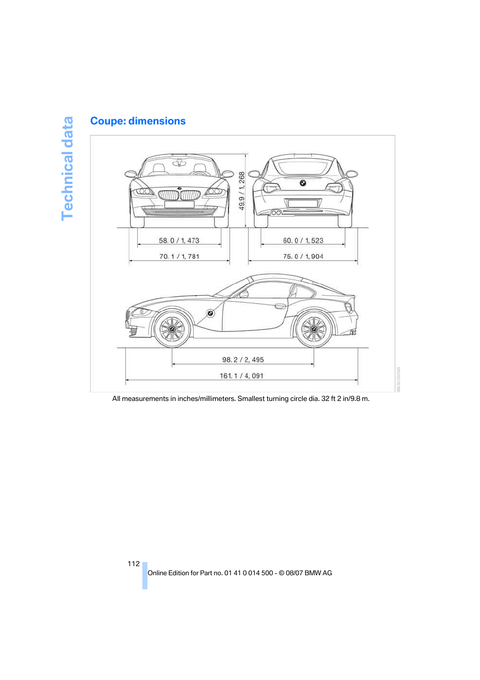 Coupe: dimensions, Technical data | BMW Z4 Roadster 3.0si 2008 User Manual | Page 114 / 132