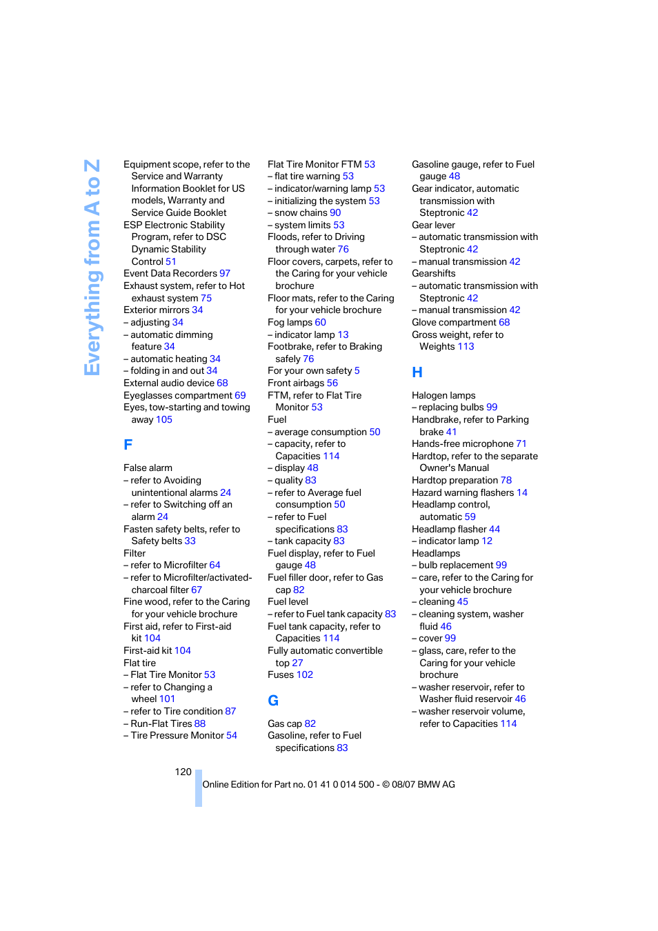 Everything from a to z | BMW Z4 Roadster 3.0si 2008 User Manual | Page 122 / 132