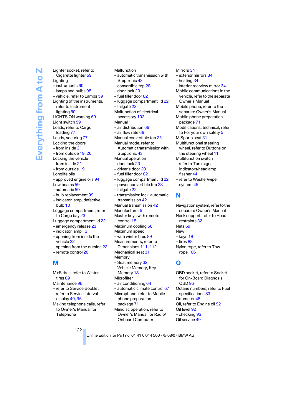 Everything from a to z | BMW Z4 Roadster 3.0si 2008 User Manual | Page 124 / 132