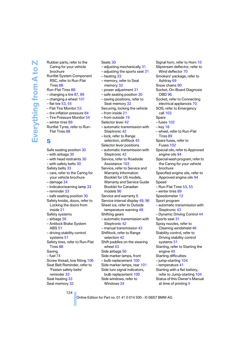 Everything from a to z | BMW Z4 Roadster 3.0si 2008 User Manual | Page 126 / 132