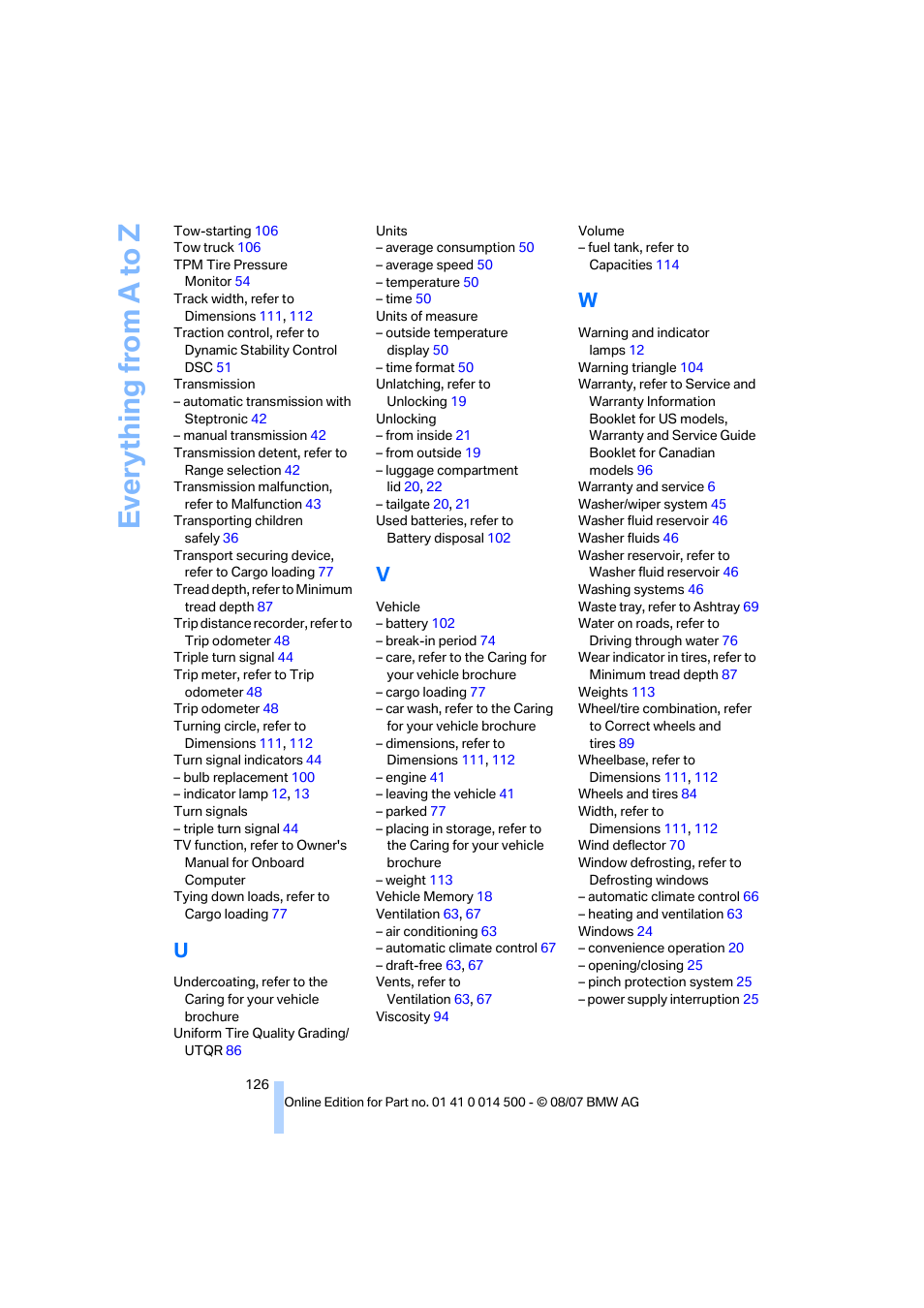 Everything from a to z | BMW Z4 Roadster 3.0si 2008 User Manual | Page 128 / 132