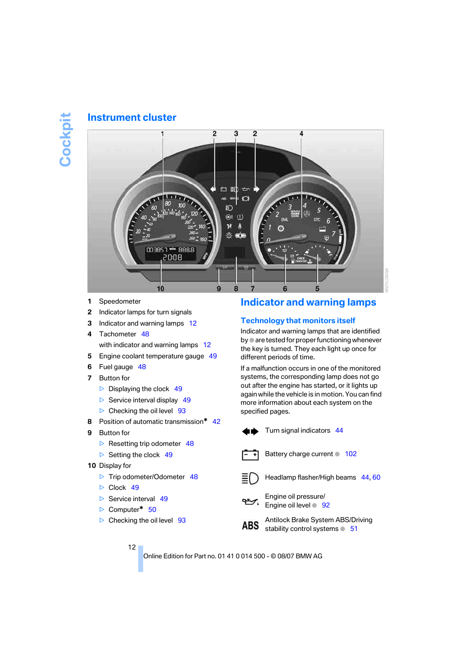 Instrument cluster, Indicator and warning lamps, Cockpit | BMW Z4 Roadster 3.0si 2008 User Manual | Page 14 / 132