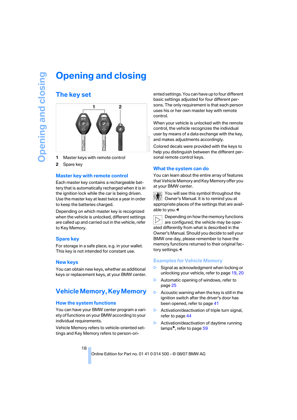 Opening and closing, The key set, Vehicle memory, key memory | BMW Z4 Roadster 3.0si 2008 User Manual | Page 20 / 132