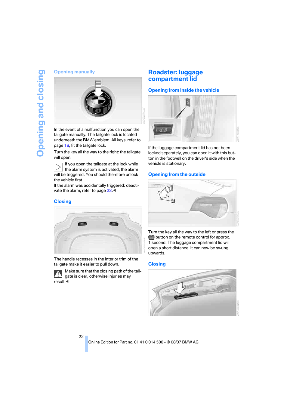 Roadster: luggage compartment lid, Opening and closing | BMW Z4 Roadster 3.0si 2008 User Manual | Page 24 / 132