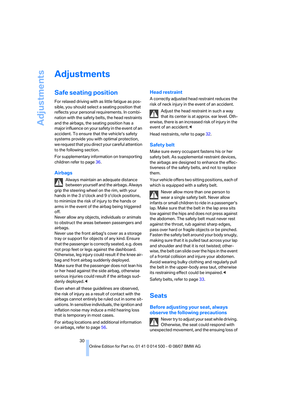 Adjustments, Safe seating position, Seats | Adju stmen ts | BMW Z4 Roadster 3.0si 2008 User Manual | Page 32 / 132