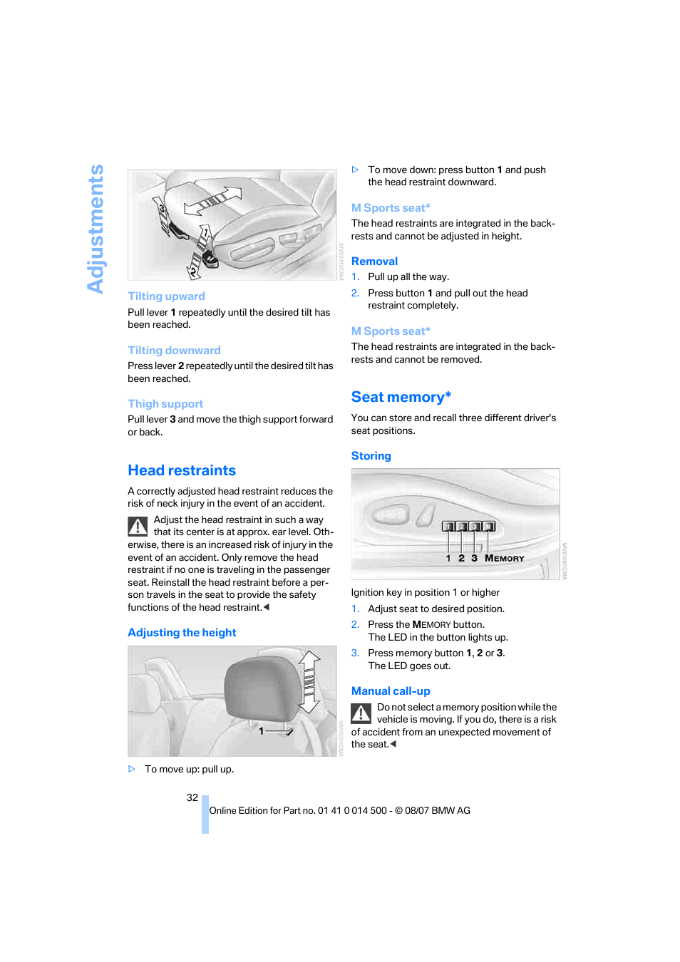 Head restraints, Seat memory, Adju stmen ts | BMW Z4 Roadster 3.0si 2008 User Manual | Page 34 / 132