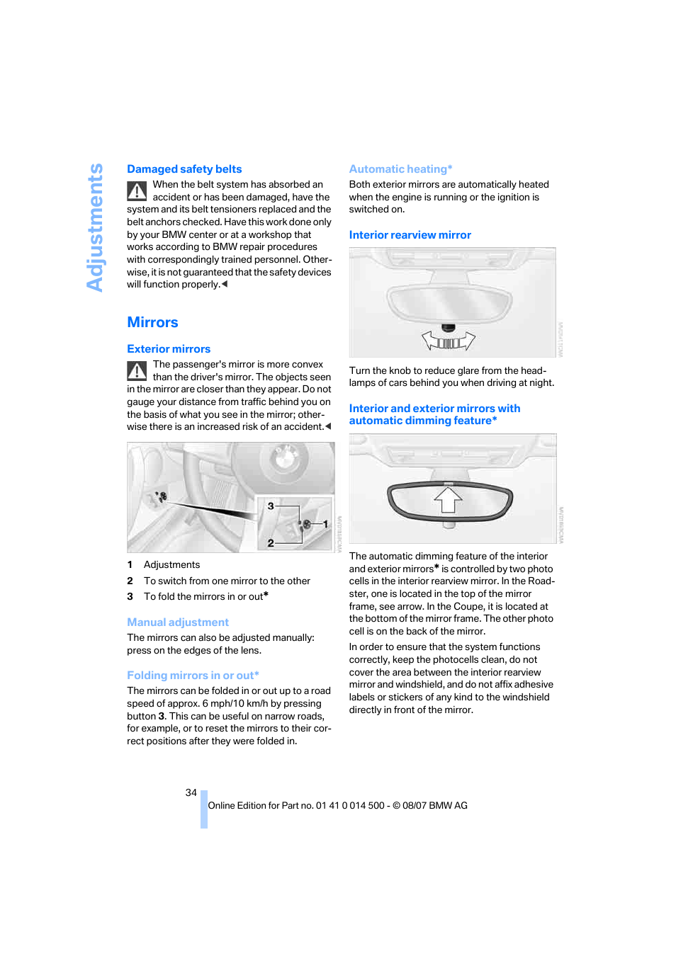 Mirrors, Adju stmen ts | BMW Z4 Roadster 3.0si 2008 User Manual | Page 36 / 132